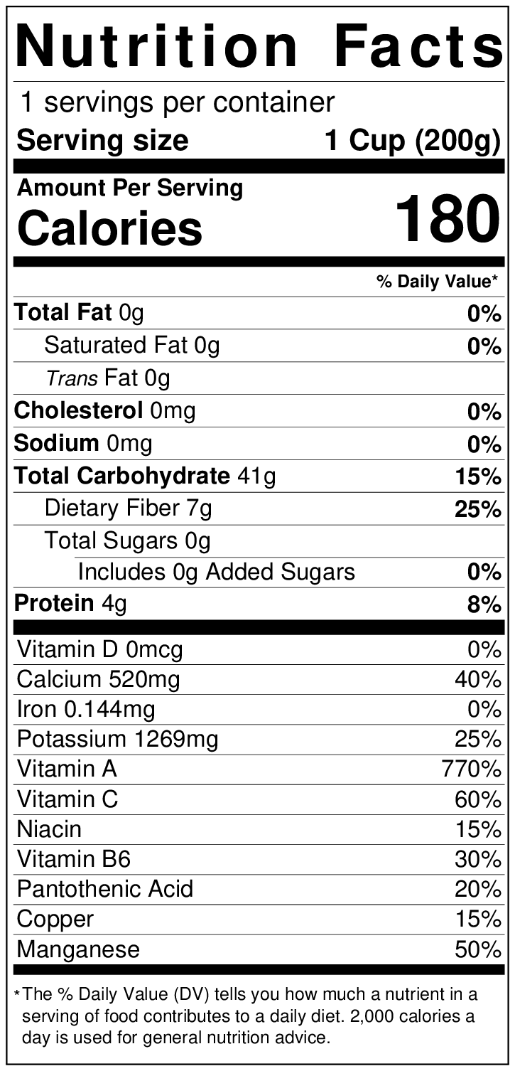 Sweet potato nutrition label