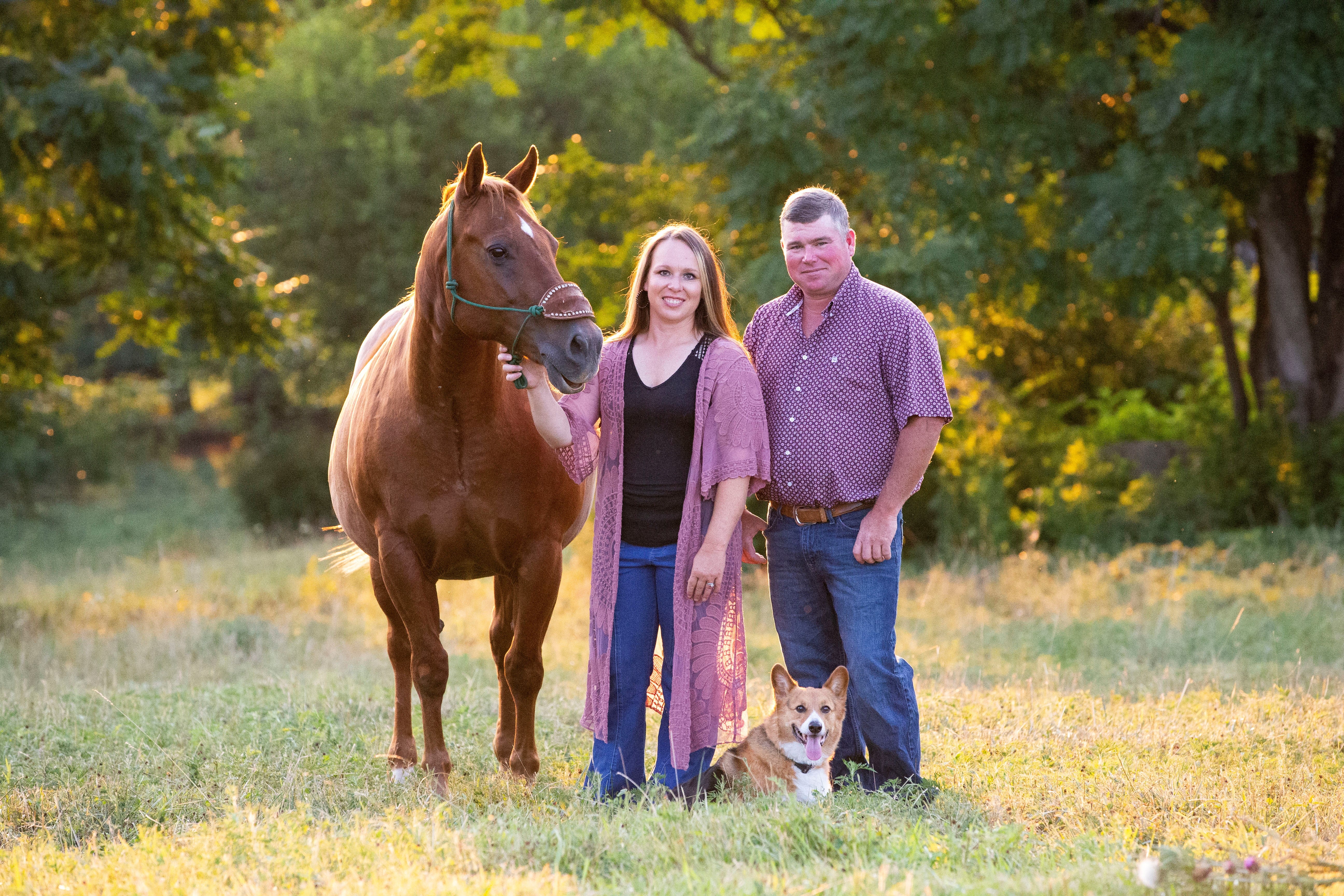 family photo with horse and corgi