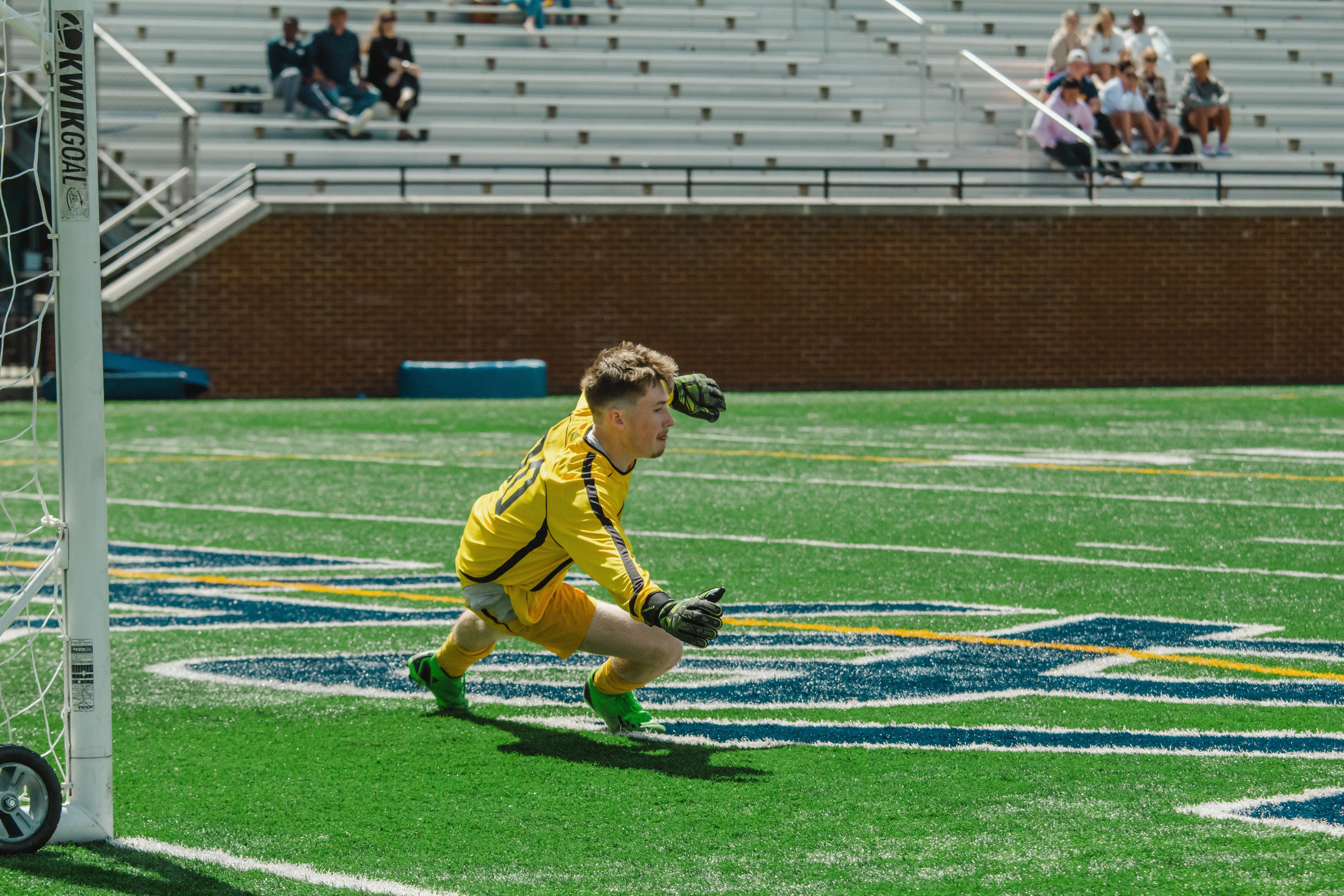 Soccer goalie diving on field